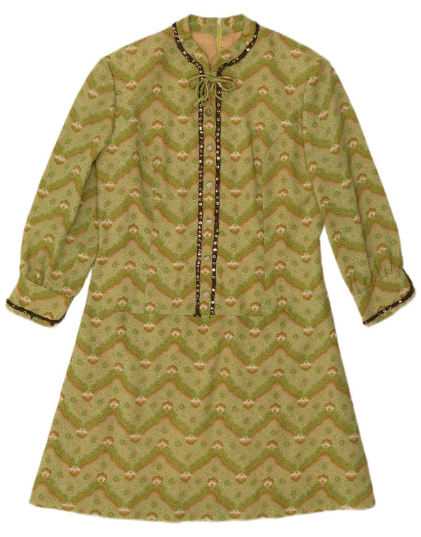 Vintage Damen 3/4 Ärmel A-Linie Kleid UK 12 Mittelgrüner Chevron