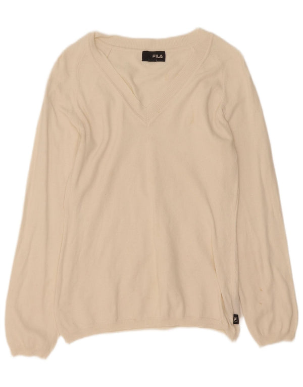 Fila Damen-Pullover mit V-Ausschnitt, Gr. 14, Größe L, cremefarbene Baumwolle
