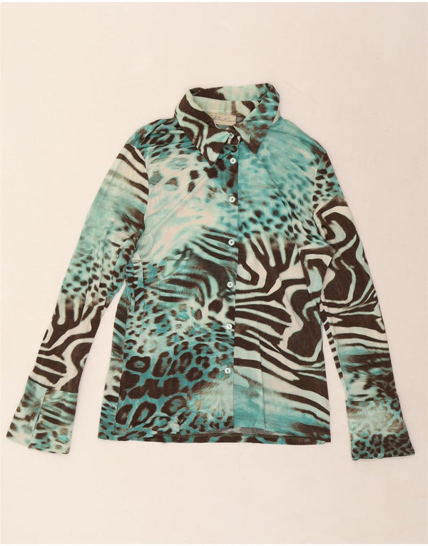 Vintage Damen Hemdbluse IT 46 Große türkisfarbene Viskose mit Animal-Print