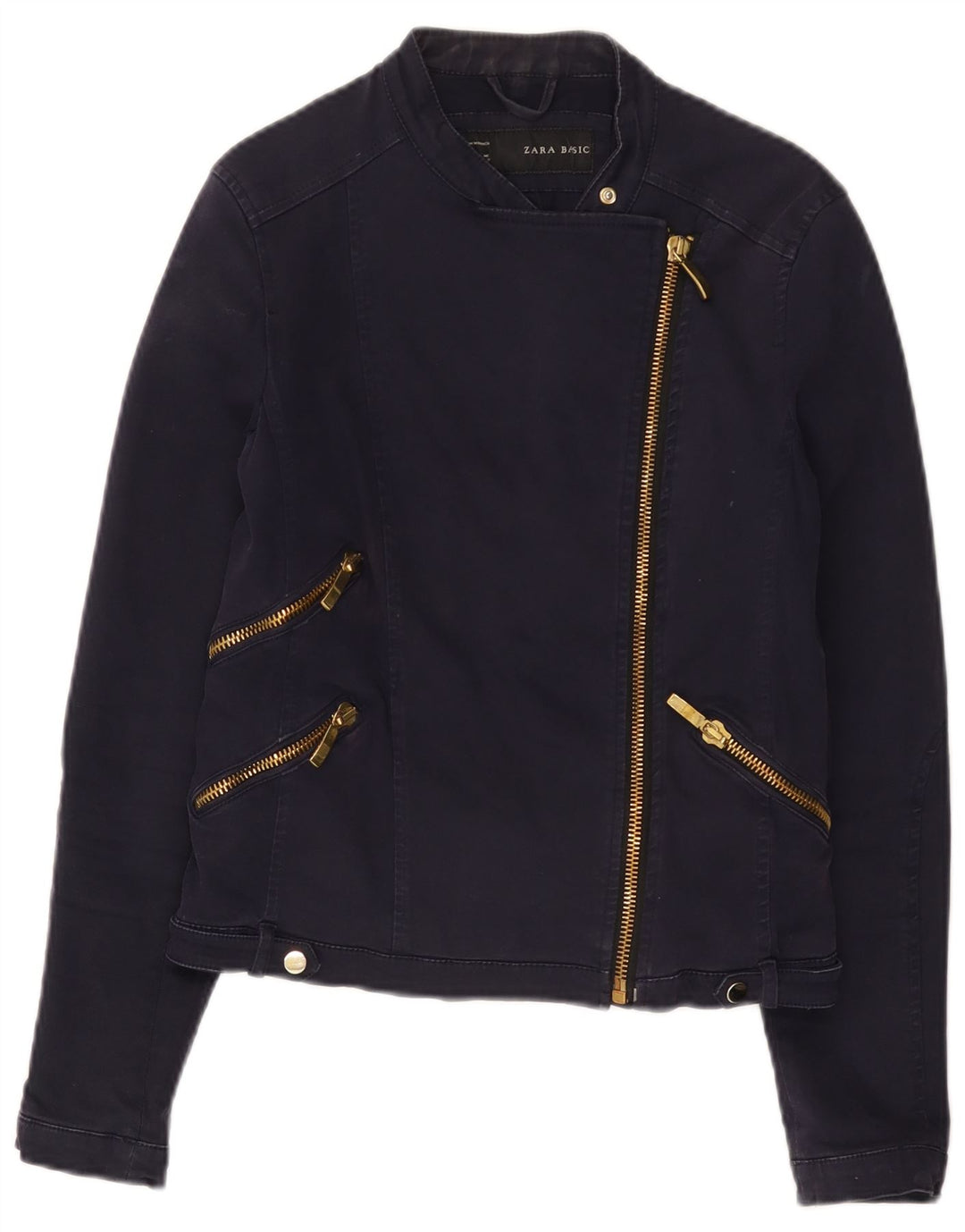 Zara Damen Crop Bikerjacke UK 14 Große marineblaue Baumwolle
