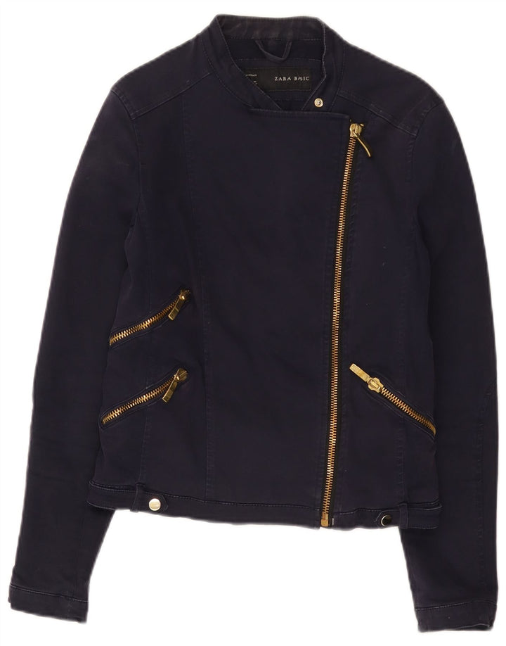 Zara Damen Crop Bikerjacke UK 14 Große marineblaue Baumwolle