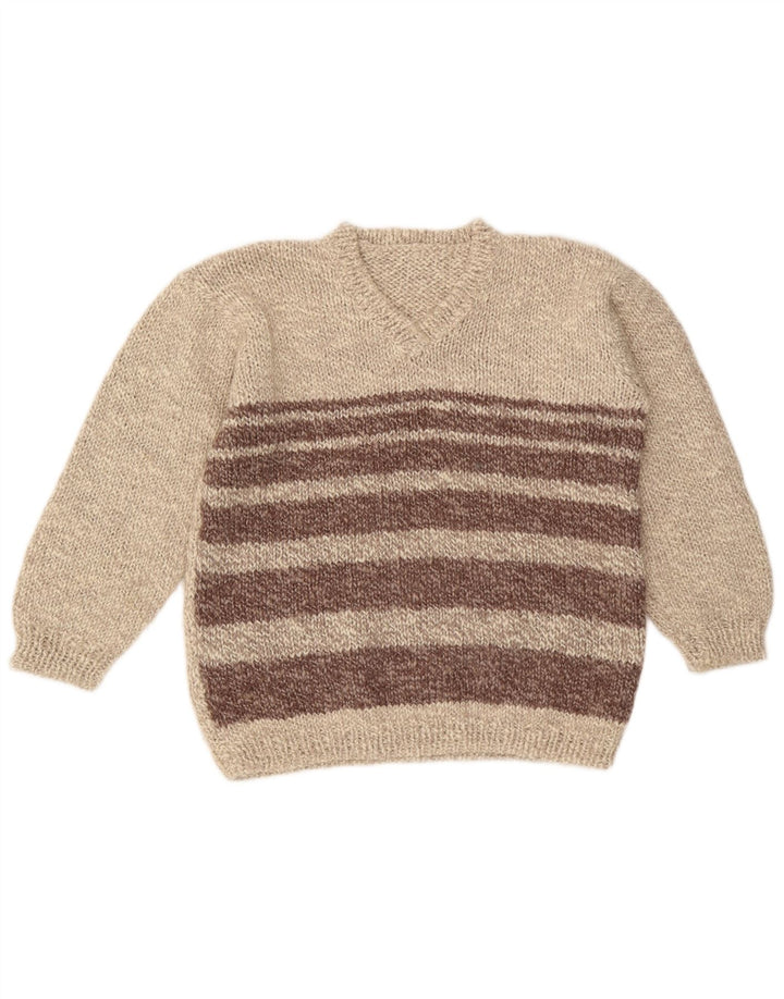 VINTAGE Damen-Pullover mit V-Ausschnitt, UK 16, Größe L, Beige, Farbblock