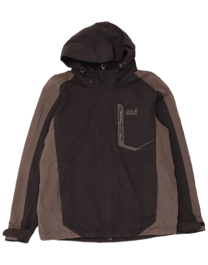 Jack Wolfskin Herren-Regenjacke mit Kapuze, UK 36/38, Mittelschwarz, Farbblock
