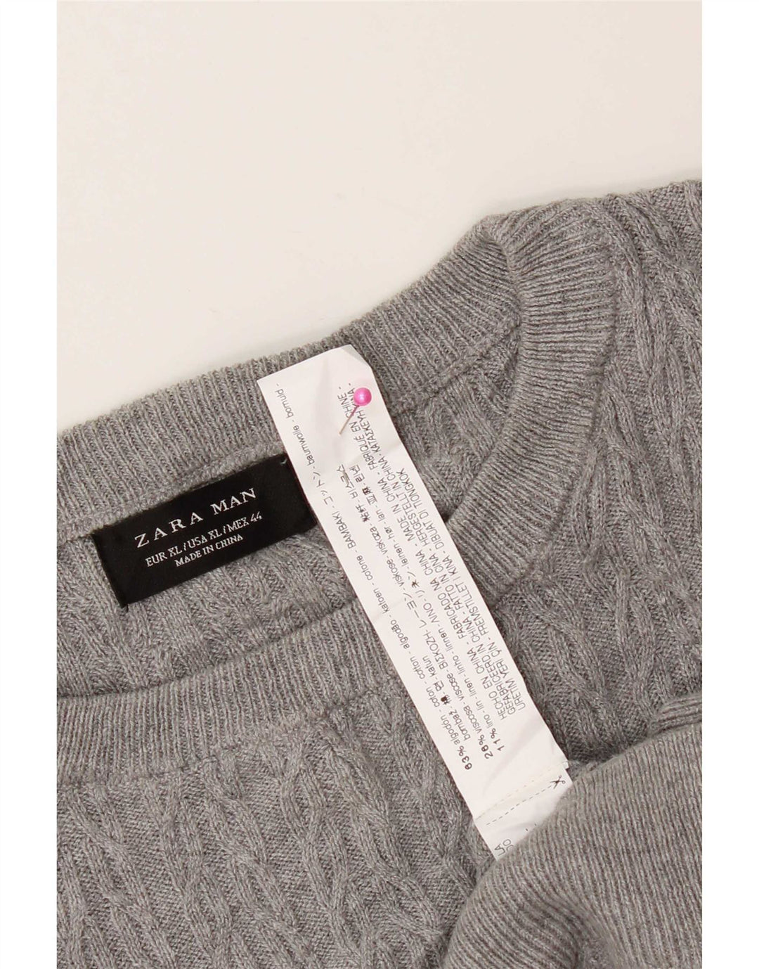 Zara Herren-Pullover mit Rundhalsausschnitt, XL, graue Baumwolle