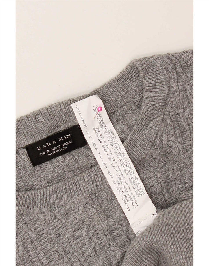 Zara Herren-Pullover mit Rundhalsausschnitt, XL, graue Baumwolle