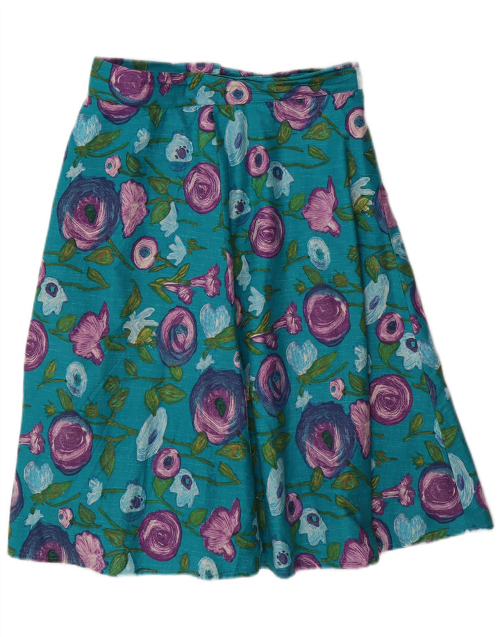 VINTAGE Damen A-Linienrock W28 Mittelblau geblümt