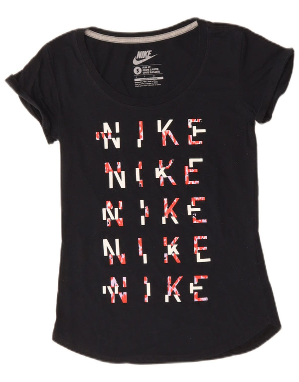 Nike Damen Slim Fit Graphic T-Shirt Top UK 8 Small Schwarz Baumwolle
