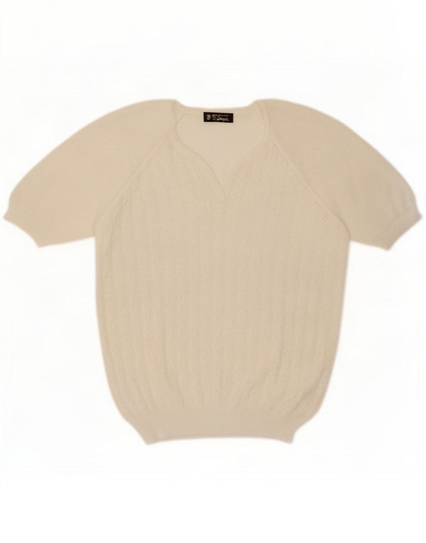 Vintage Damen Kurzarmpullover mit V-Ausschnitt, UK 16, große weiße Baumwolle