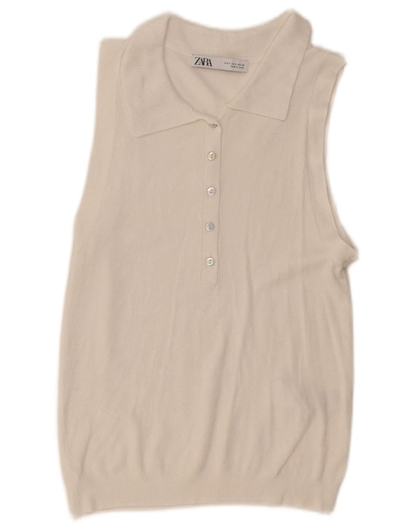 Zara Damen ärmelloses Poloshirt UK 10 Small Weiße Viskose