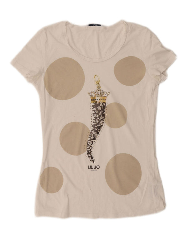 Liu Jo Damen Grafik-T-Shirt-Oberteil UK 12 Mittelweiße geometrische Baumwolle