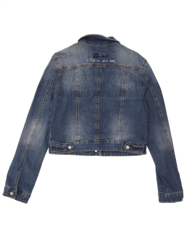 Desigual Womens Graphic Crop Denim Jacke EU 42 Großes blaues Polyester