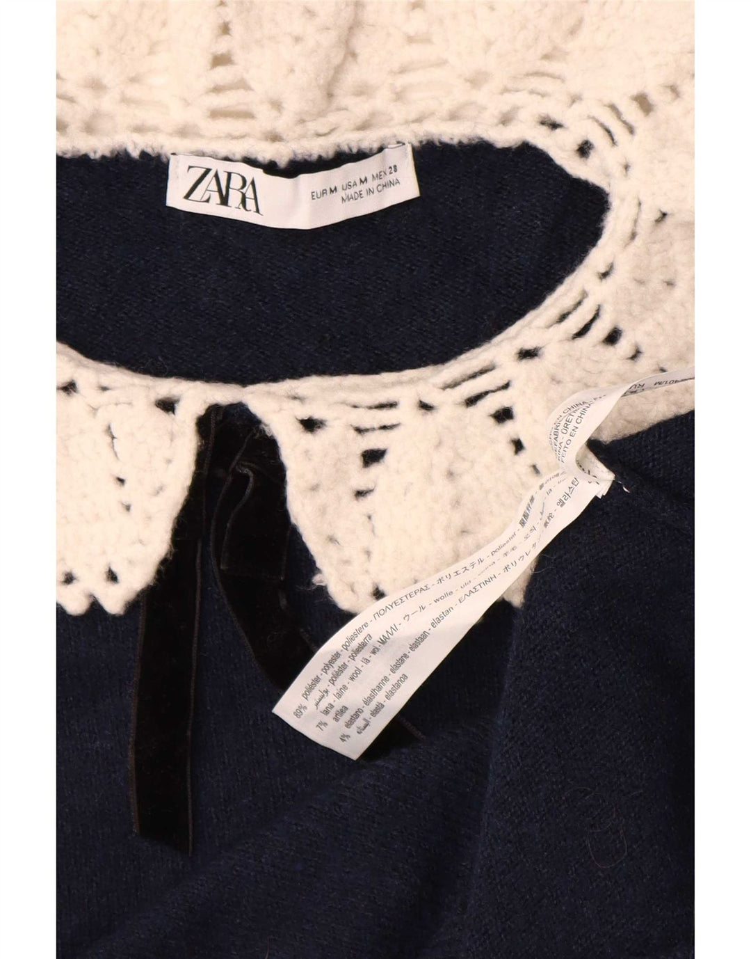 Zara Damen Strick-Crop-Top UK 12 Medium Marineblau Polyester