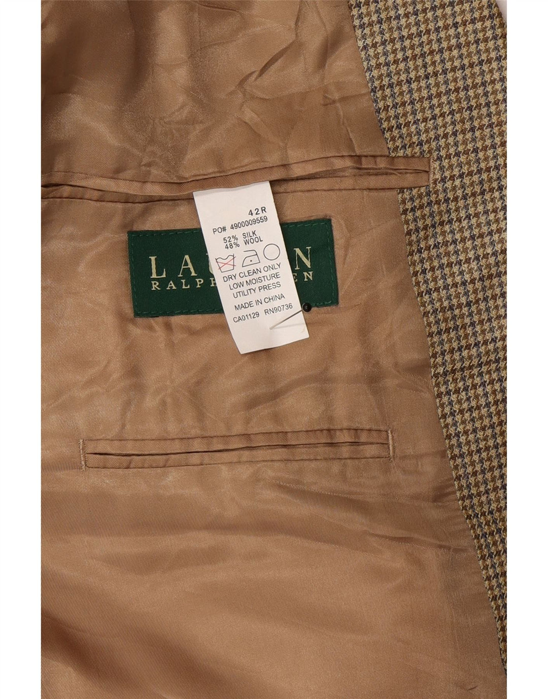 Ralph Lauren Herren-Blazer mit 2 Knöpfen, UK 42, Größe L, Beige, Hahnentrittmuster, Seide