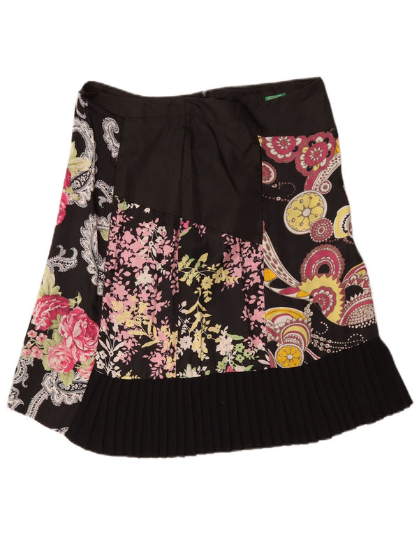 Benetton Damen-A-Linien-Rock IT 46 Large W34 Schwarz geblümte Viskose