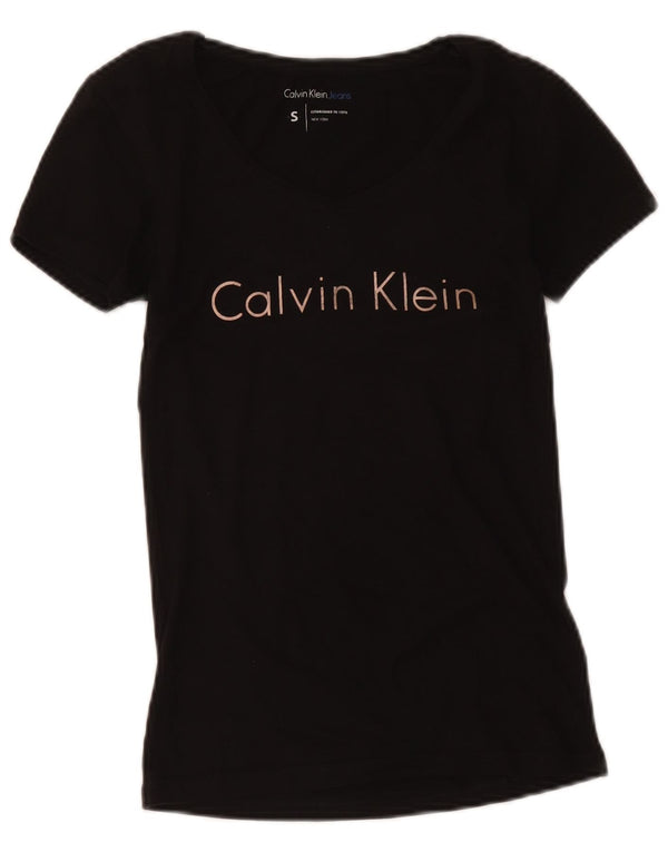 Calvin Klein Jeans Damen Grafik T-Shirt Top UK 10 Small Schwarz