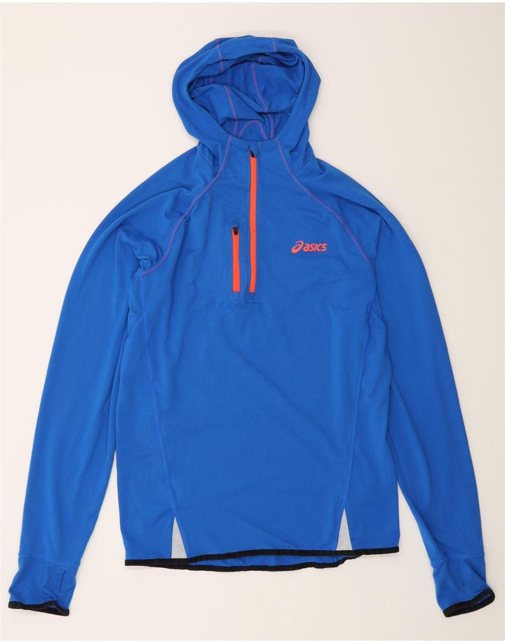 Asics Herren-Oberteil mit Kapuze und Reißverschluss, langärmlig, mittelblaues Polyester