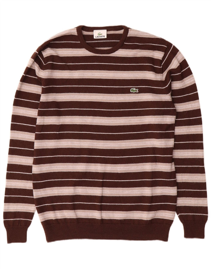 Lacoste Herren-Pullover mit Rundhalsausschnitt, Größe 3, kleine braun gestreifte Wolle