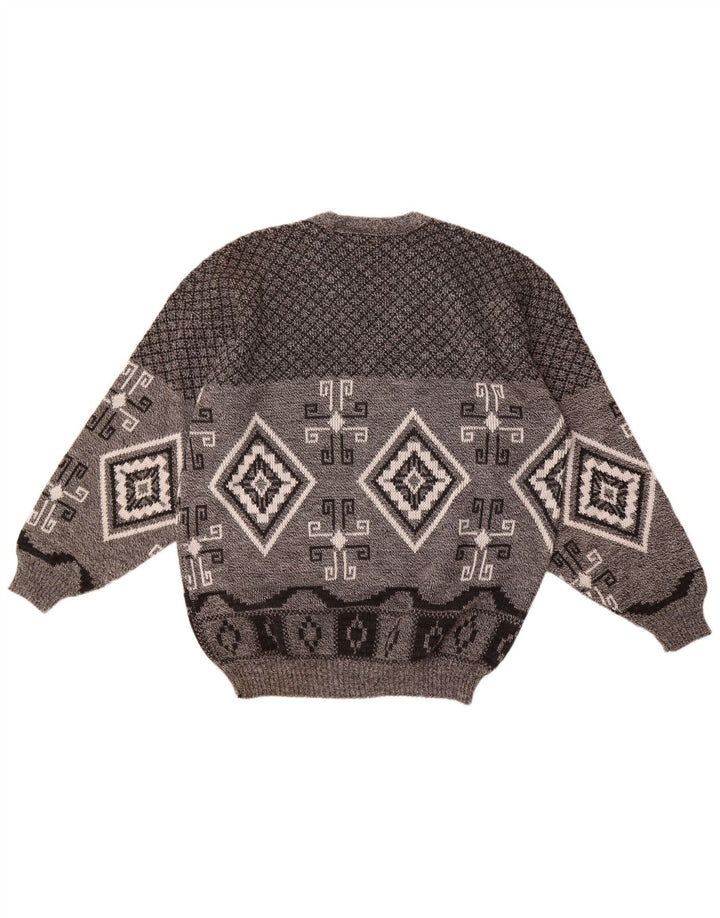Vintage Herren Pullover mit V-Ausschnitt, groß, grau, geometrisch, Acryl