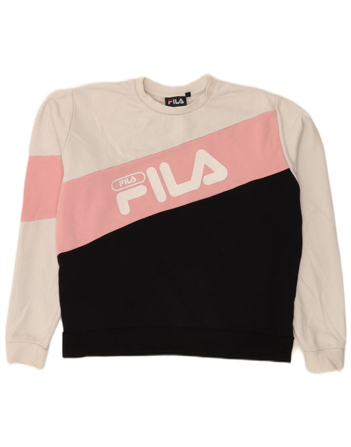 Fila Damen Grafik-Sweatshirt-Pullover UK 14 Mittelweiße Colourblock-Baumwolle