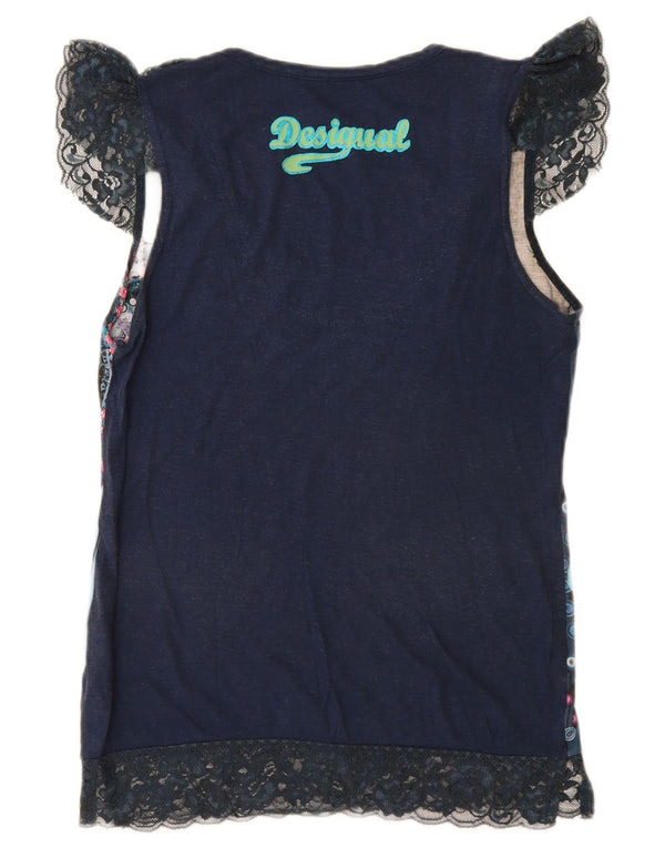 Desigual Womens Graphic T-Shirt Top UK 6 XS Marineblaue geometrische Viskose