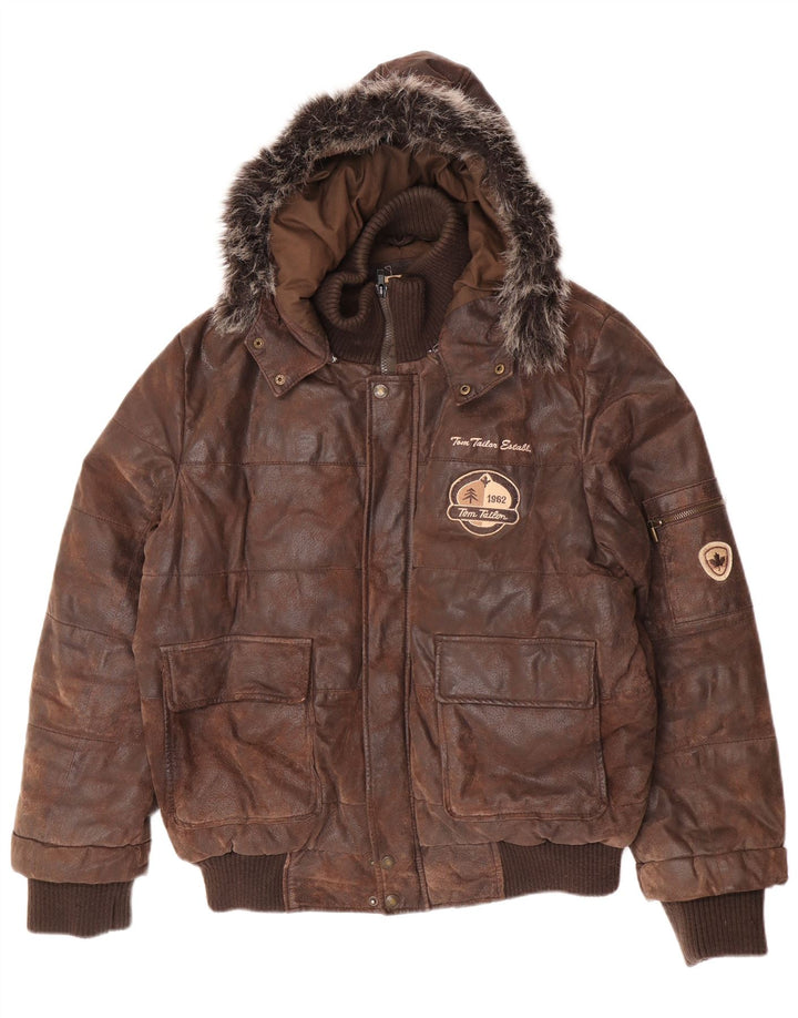 Tom Tailor Herren-Lederjacke mit grafischer Kapuze, UK 38, mittelbraunes Leder