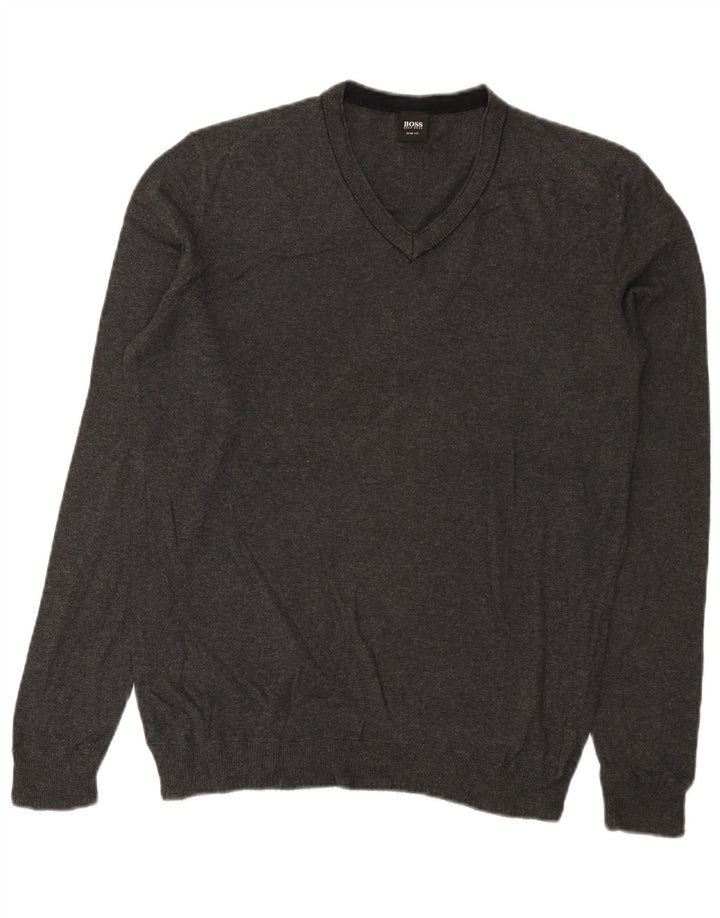 Hugo Boss Herren-Slim-Fit-Pullover mit V-Ausschnitt aus mittelgrauer Baumwolle