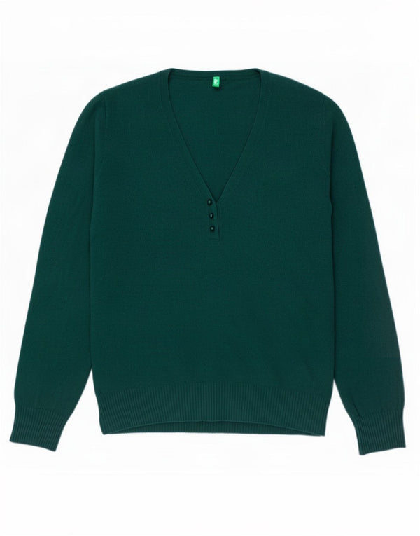 Benetton Damen-Pullover mit V-Ausschnitt, UK 16, Größe L, grüne Wolle