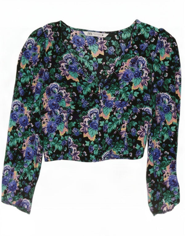 Zara Damen-Bluse mit langen Ärmeln, bauchfrei, Gr. 6, XS, mehrfarbig, mit Blumenmuster