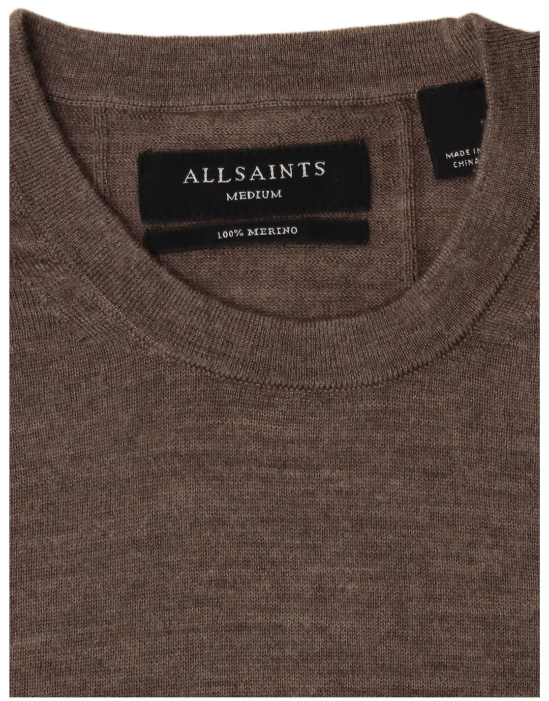 All Saints Herren-Pullover mit Rundhalsausschnitt aus mittelbrauner Merinowolle