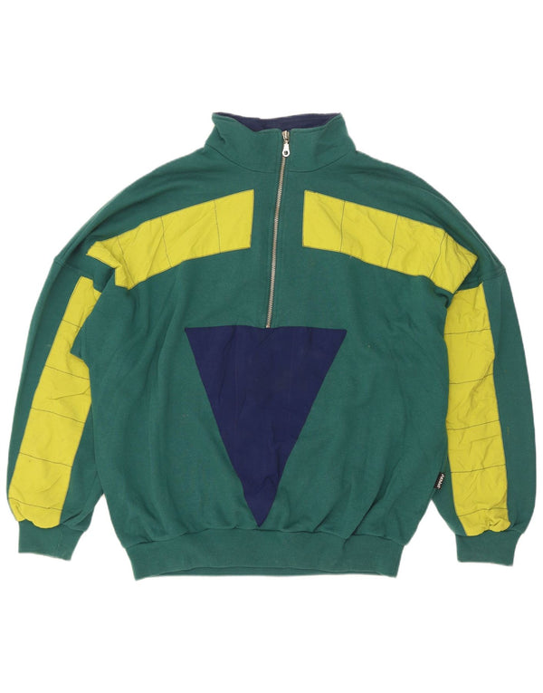 Vintage Herren-Sweatshirt mit Reißverschluss, XL, grüne Colourblock-Baumwolle