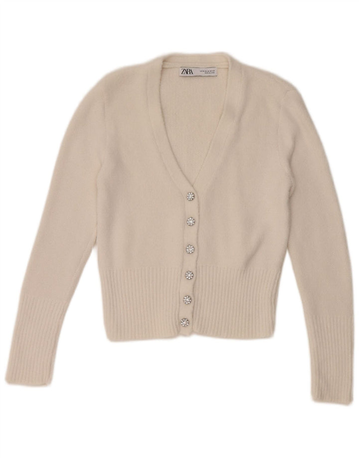 Zara Damen Crop Cardigan Pullover UK 12 Mittelweiß