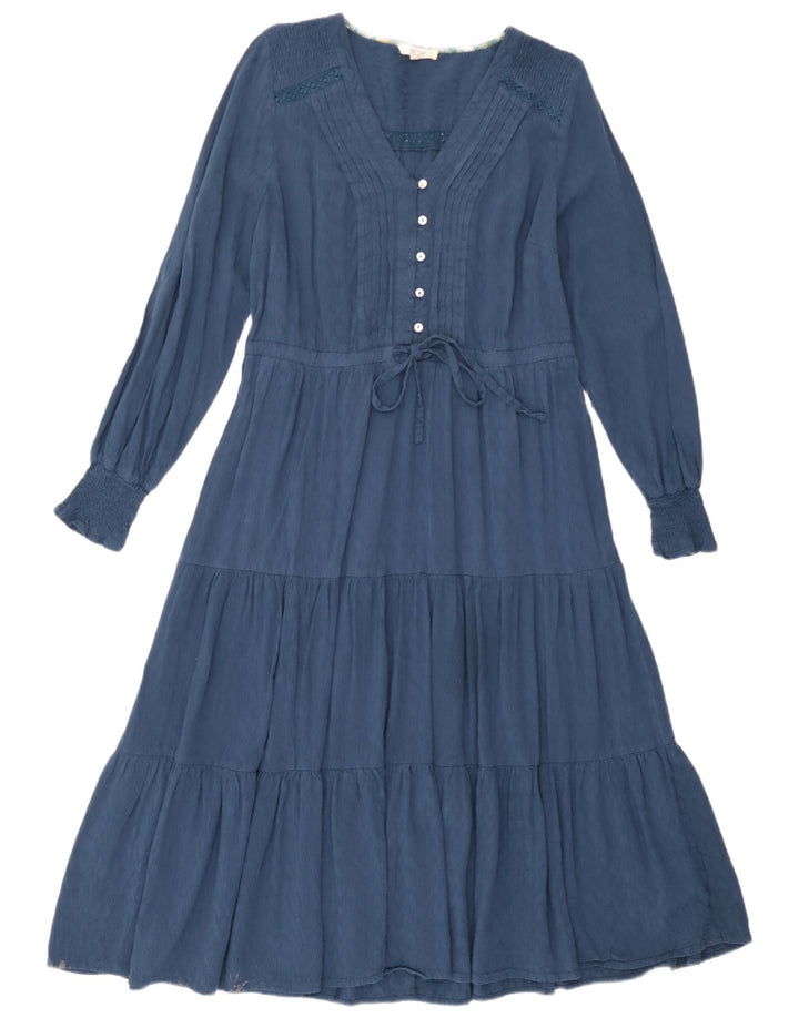White Stuff Damen Langarm-Stufenkleid UK 12 Mittelblaue Viskose