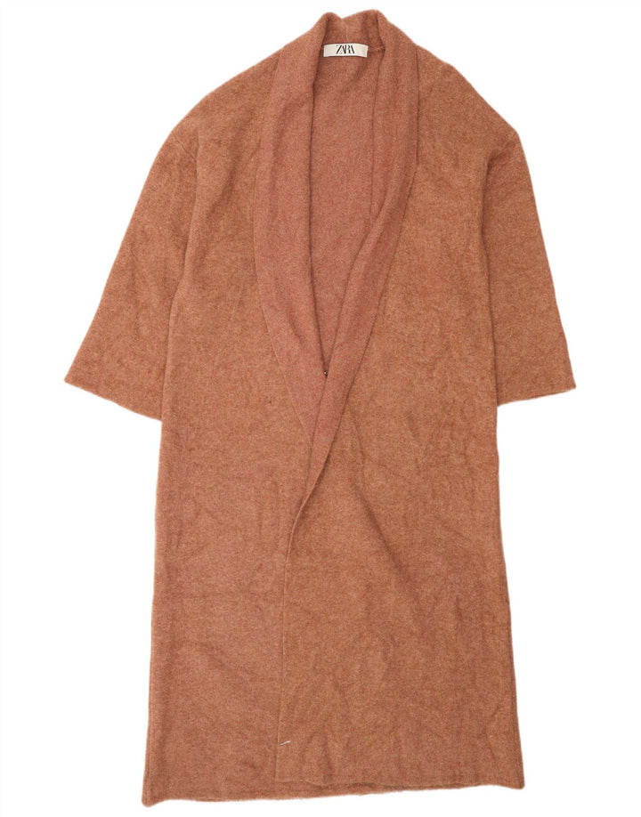 Zara Damen Longline Open Cardigan Pullover UK 14 Mittelbeige Wolle