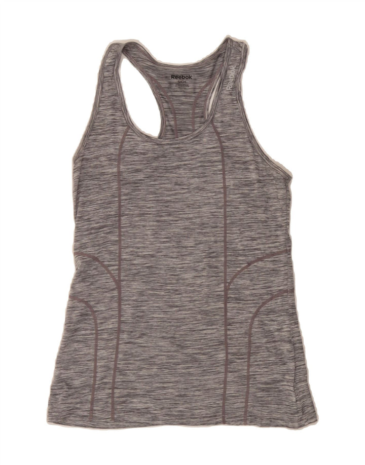 REEBOK Womens Vest Top UK 8 Small Grey Pinstripe Polyester Vintage Reebok and Second-Hand Reebok from Messina Hembry 