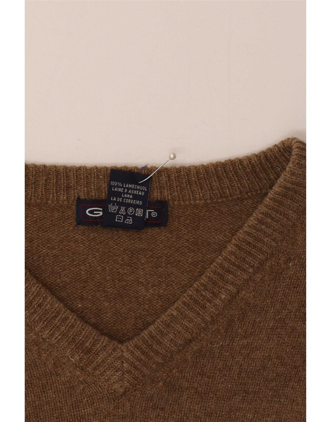 Gant Herren-Pullover mit V-Ausschnitt aus mittelbraun gesprenkelter Lammwolle