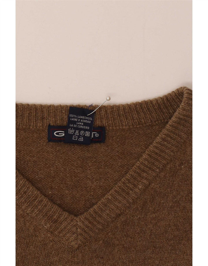 Gant Herren-Pullover mit V-Ausschnitt aus mittelbraun gesprenkelter Lammwolle