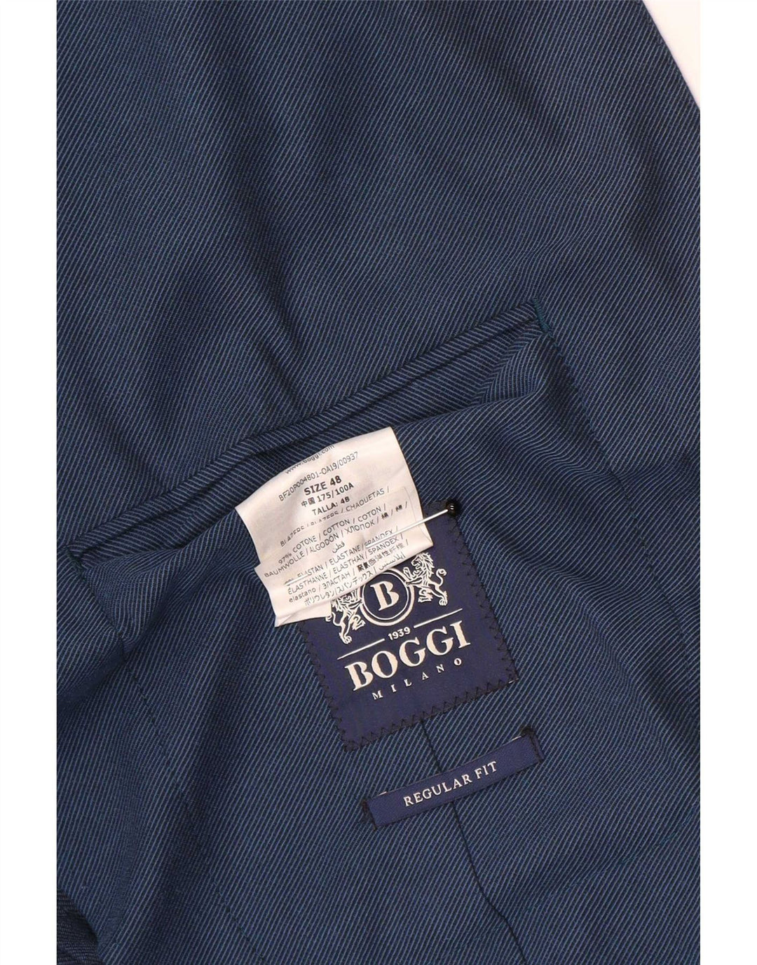 Boggi Herren 2-Knopf-Blazer mit normaler Passform IT 48 Mittelblaue Baumwolle