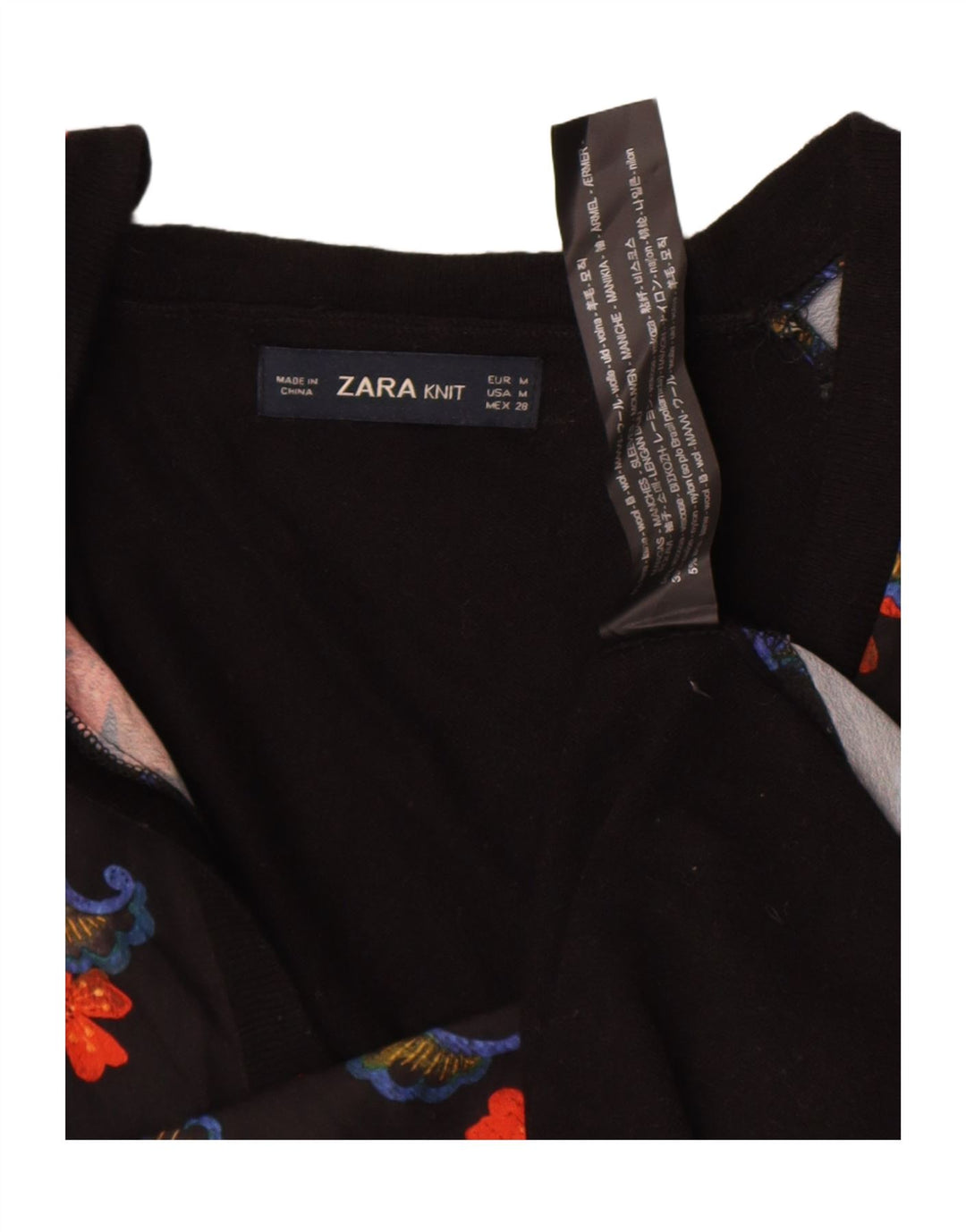 Zara Damen Top Langarm UK 14 Mittelschwarze geblümte Wolle