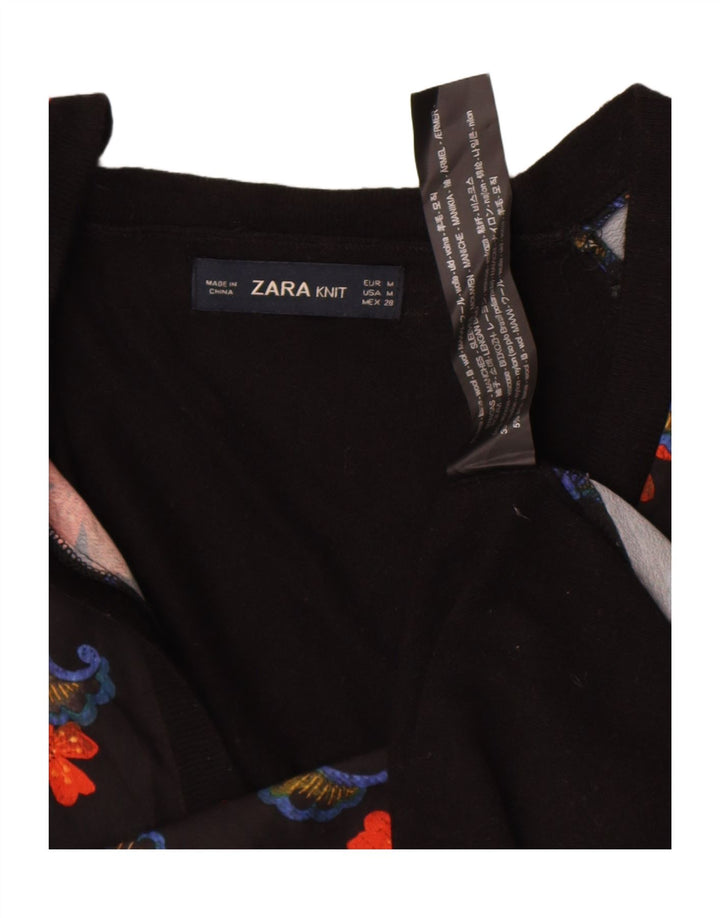 Zara Damen Top Langarm UK 14 Mittelschwarze geblümte Wolle