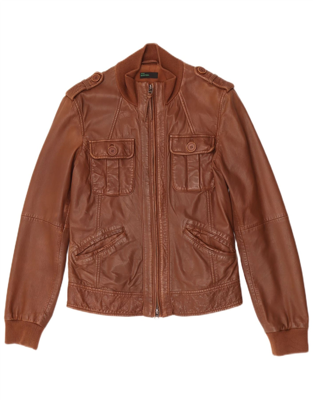 BENETTON Damen Militärlederjacke IT 44 Mittelbraunes Leder