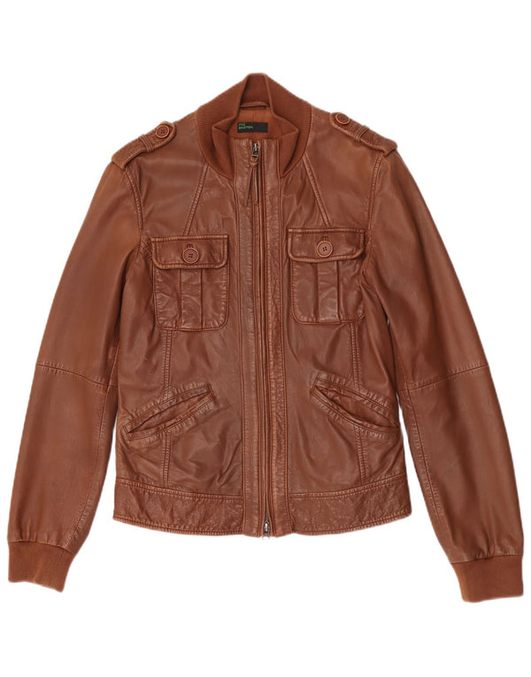 BENETTON Damen Militärlederjacke IT 44 Mittelbraunes Leder