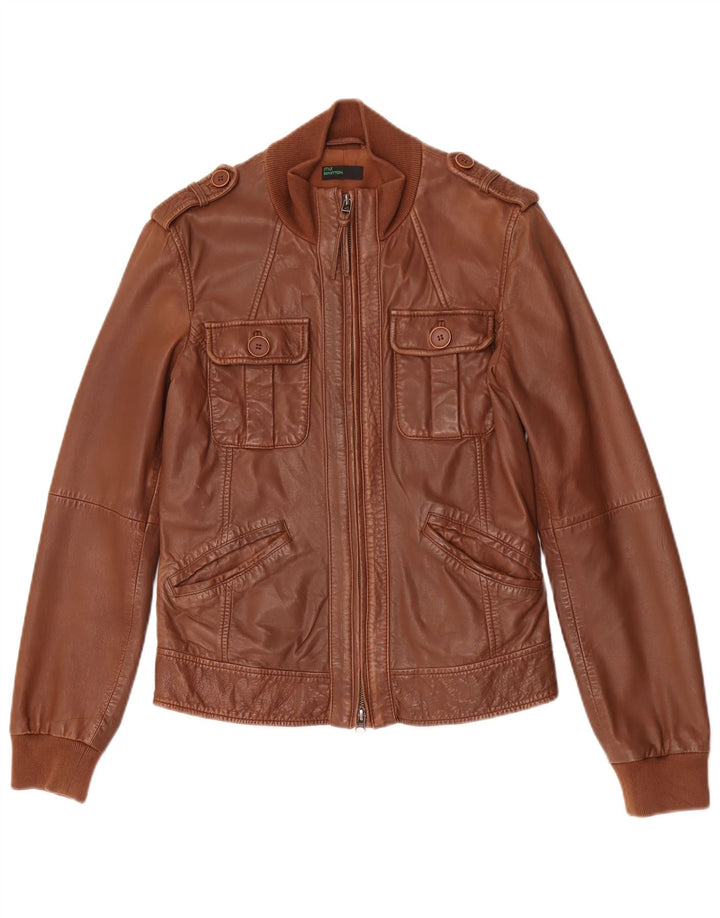 BENETTON Damen Militärlederjacke IT 44 Mittelbraunes Leder