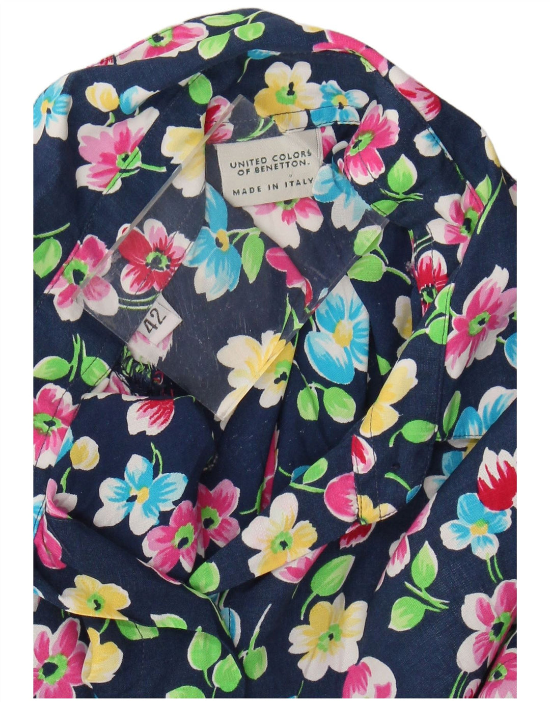 BENETTON Damen Kurzarmhemd IT 42 Medium Marineblau Blumenviskose