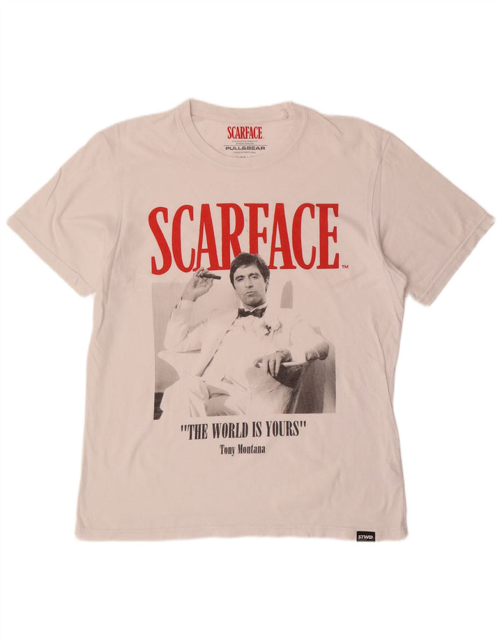 PULL & BEAR Herren-T-Shirt mit Scarface-Grafik, Größe L, aus weißer Baumwolle