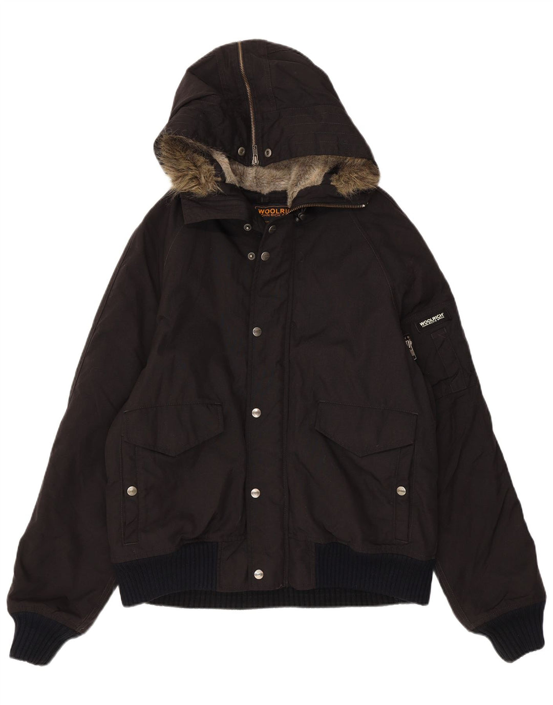 Woolrich Herren-Bomberjacke mit Kapuze, UK 40, großes schwarzes Nylon
