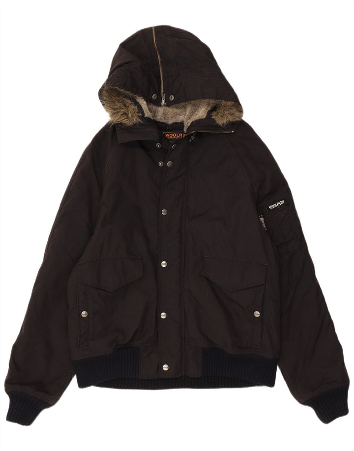 Woolrich Herren-Bomberjacke mit Kapuze, UK 40, großes schwarzes Nylon