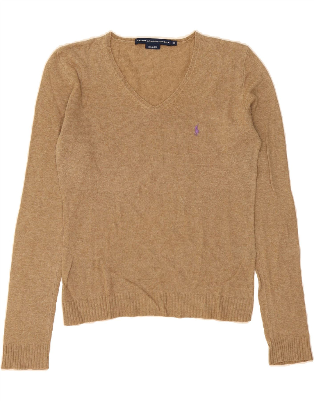 RALPH LAUREN Womens Crop V-Neck Jumper Sweater UK 12 Medium Brown Wool Vintage Ralph Lauren and Second-Hand Ralph Lauren from Messina Hembry 