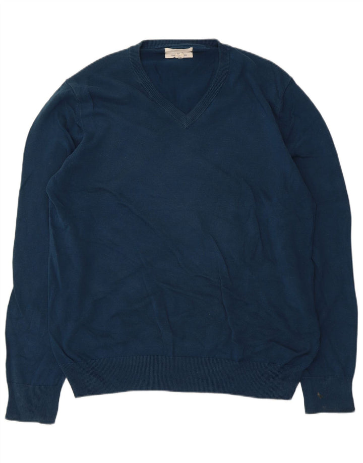 Marks & Spencer Herren-Pullover mit V-Ausschnitt, groß, aus blauer Baumwolle