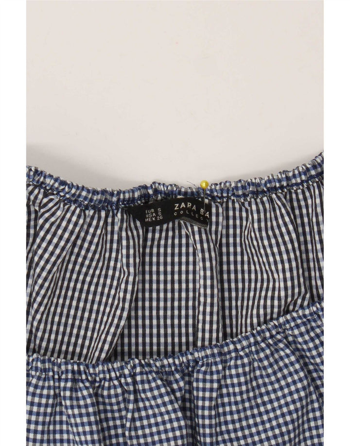 Zara Damen Crop Off Shoulder Top UK 10 Small Marineblau Gingham