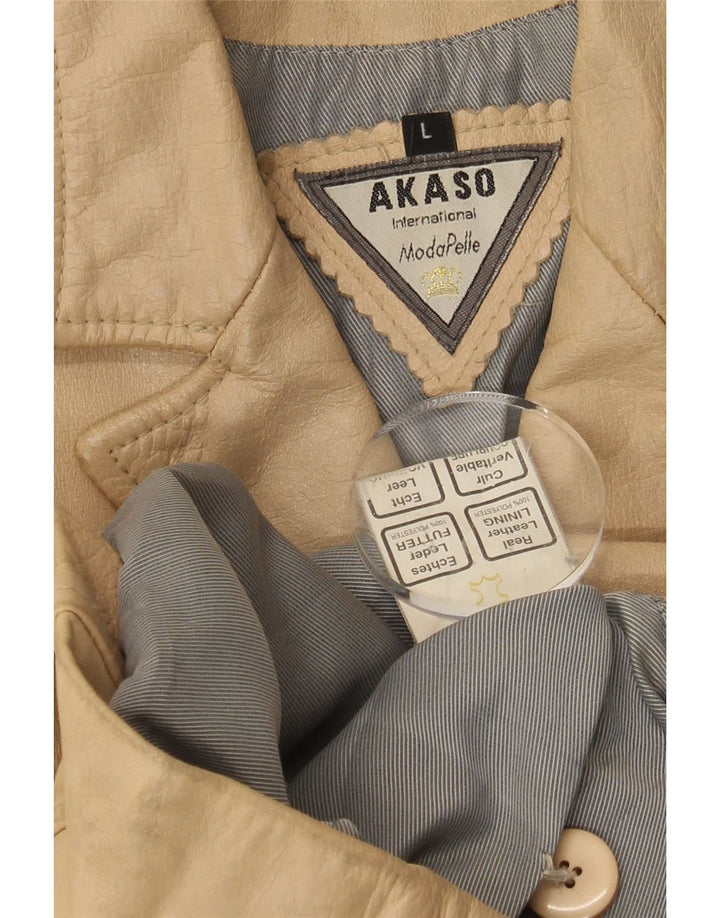 AKASO Womens 3 Button Leather Blazer Jacket UK 14 Large Beige Leather Vintage Akaso and Second-Hand Akaso from Messina Hembry 